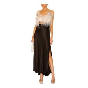 Patbo Feather Trim Black Poly Midi Slip Dress Size 4